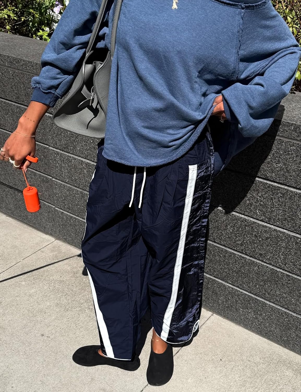 Wyeysyt レディース ワイドレッグパンツ バギースウェットパンツ カジュアル ドローストリング ゴムウエスト コントラストカラ