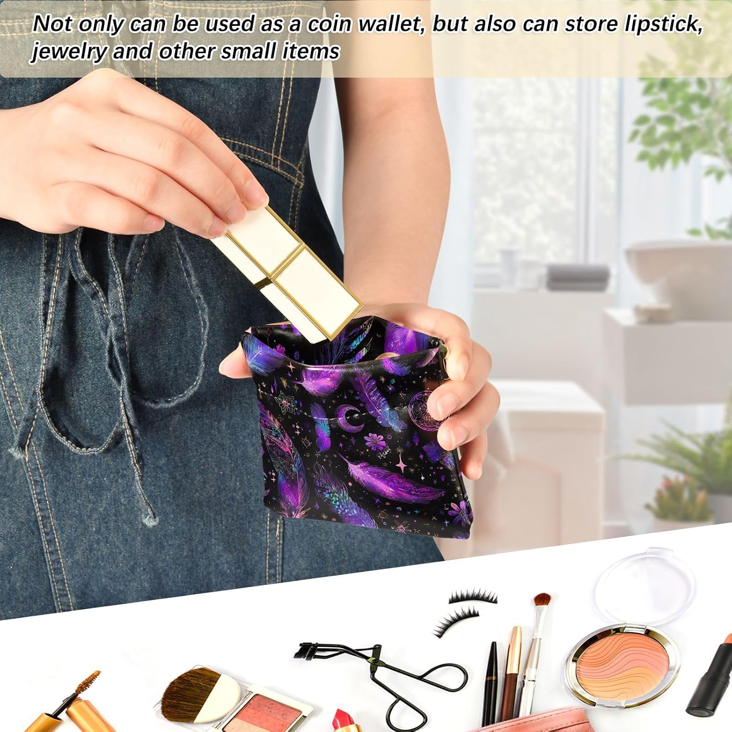 Feather Squeeze Coin Purse Pouch for Women PU Leather Mini Change Holder Small Travel Storage Pouch