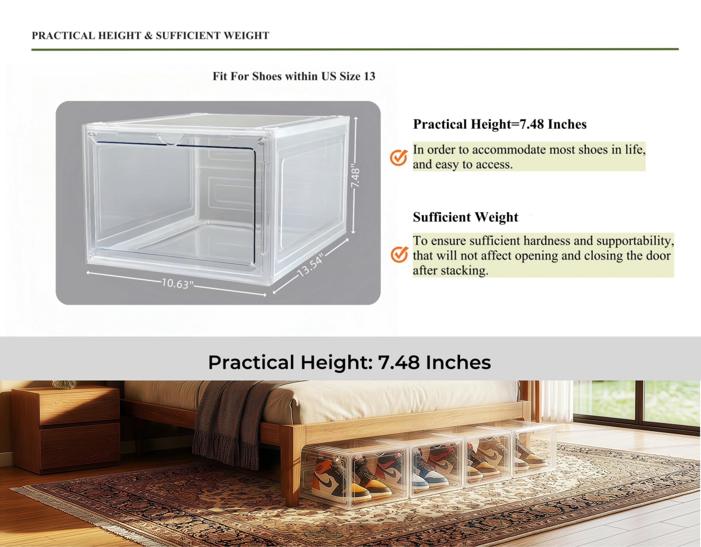 Paquete de 10 organizadores de zapatos para armario, caja de zapatos, contenedor de almacenamiento con tapas, apilable transparente, plástico duro grueso, puerta frontal caída, dentro de la