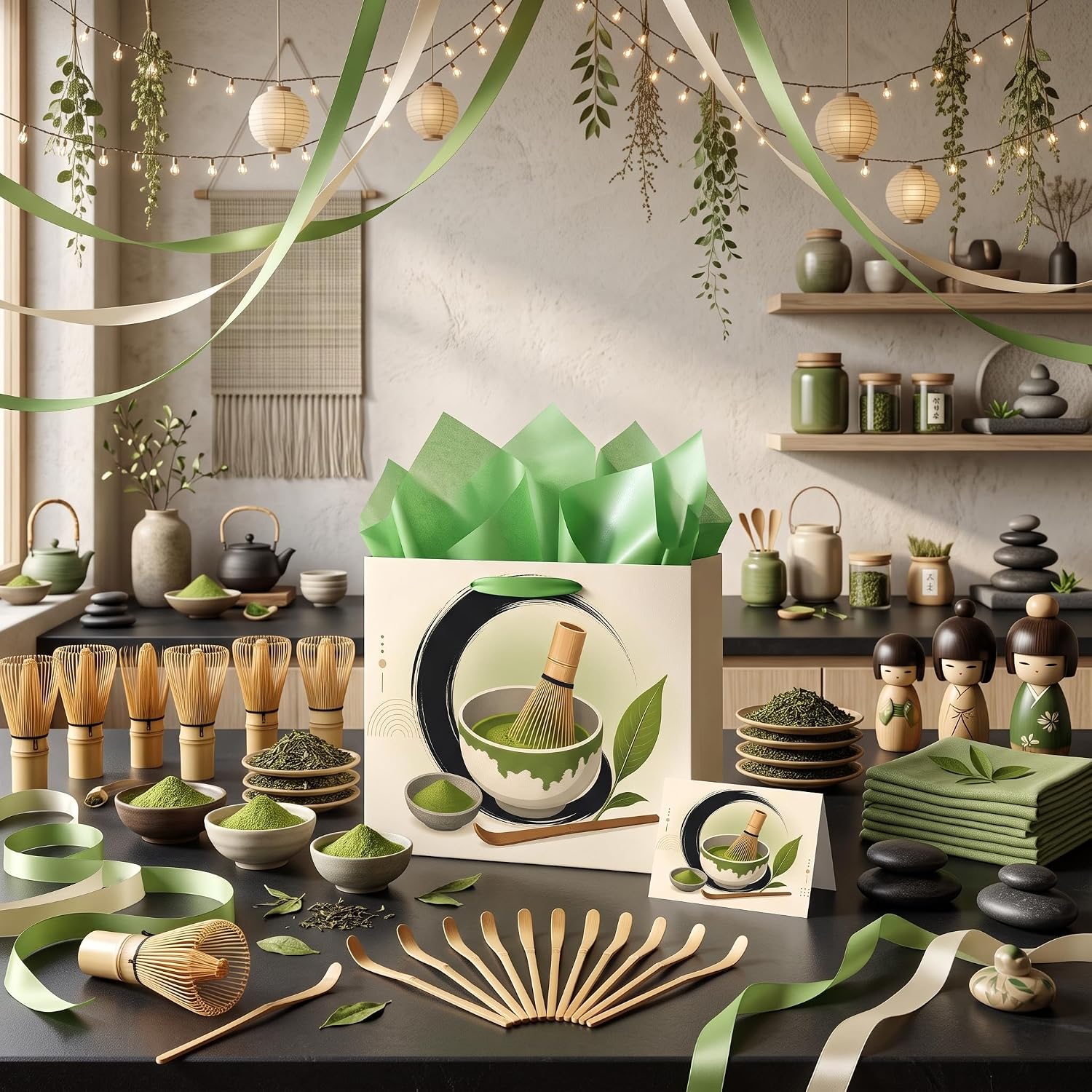 Hkshaoda Matcha Zen Gift Bag Green Tea Ceremony Gift Bags Wrapping Paper And Card Japanese Chasen Theme Party Favors Bag Decorations Supplies For Men Women Boys Girls image 5