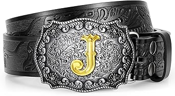 Western Cowboy Leather Belt Men Women, Gold Initial Letters ABCJMZ Buckle Embossed Belt for Jeans
