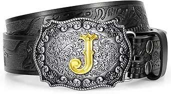Western Cowboy Leather Belt Men Women, Gold Initial Letters ABCJMZ Buckle Embossed Belt for Jeans