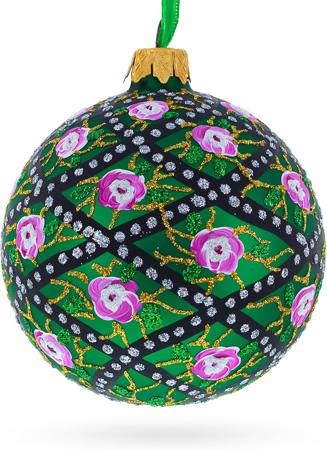 1907 Rose Trellis Royal Green Glass Ball Christmas Ornament 3.25 Inches