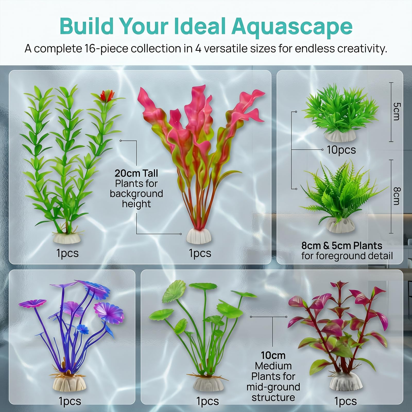 Aquarium Pflanzen, Aquarium Deko, Künstliche Aquarienpflanzen, 16 Stück realistische Wasserpflanzen für Aquarium Dekorationen und Fischbecken