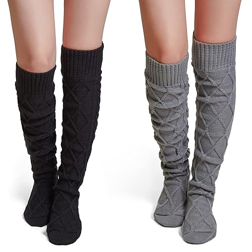 Pcavin Thigh High Socks for Women Cable Knit Over the Knee Boot Socks, Long Warm Leg Warmers Winter - Gray,black