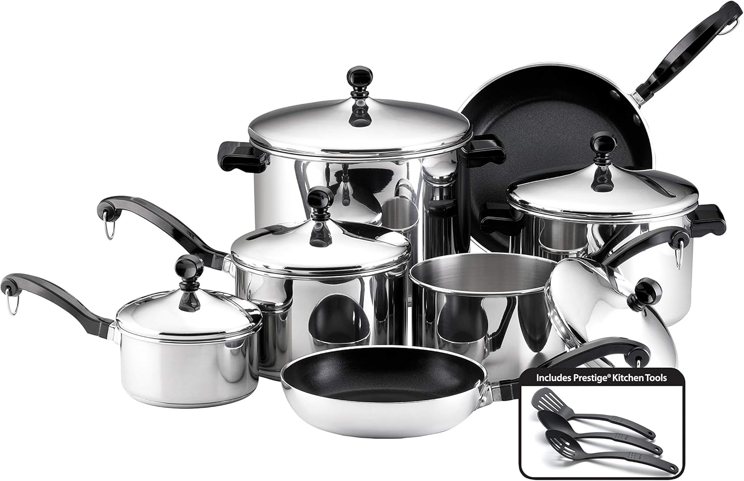 Farberware 15-Piece Stainless Steel Cookware Set + 10-Piece Nonstick Bakeware Set