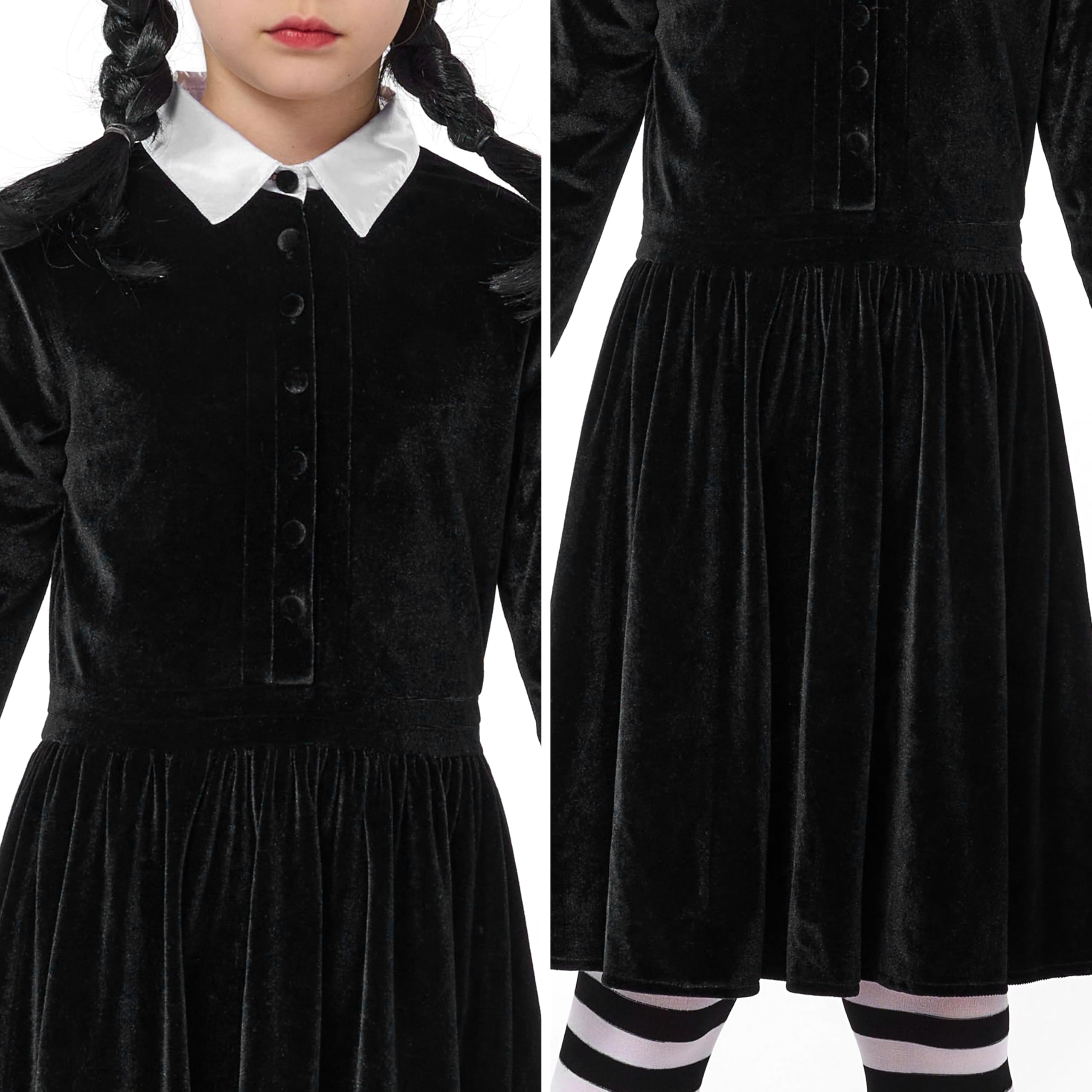 Spooktacular Creations Vestido Negro con Cuello para Niñas, Disfraz de Niña de Escuela de Manga Larga con Peluca, Vestido Skater de Terciopelo para Niños Pequeños en Halloween, Fiesta de Cosplay