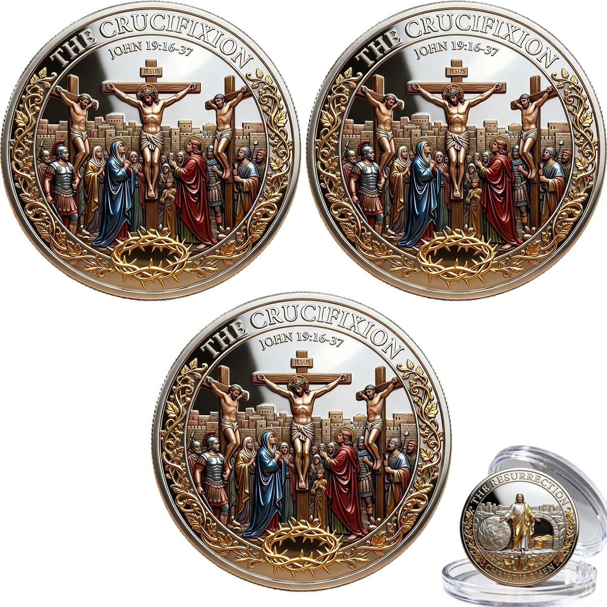 The Crucifixion of Jesus Christ Commemorative Coin, Jesus Christian Challenge Coin with Crown of Thorns, Christ is Risen Faith Cross Collectible Token, Religious Gift for Men Women (5PCS)