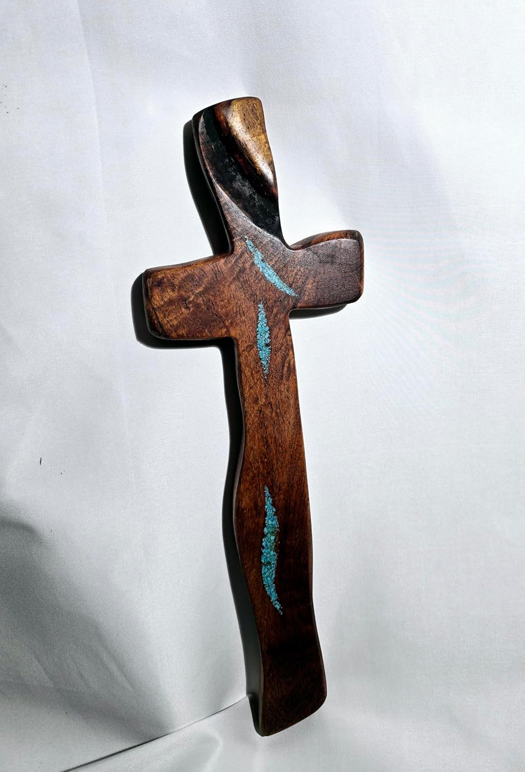 Handcrafted Mesquite Wood Wall Cross with Turquoise Inlay, Decorative Religious Home Decor