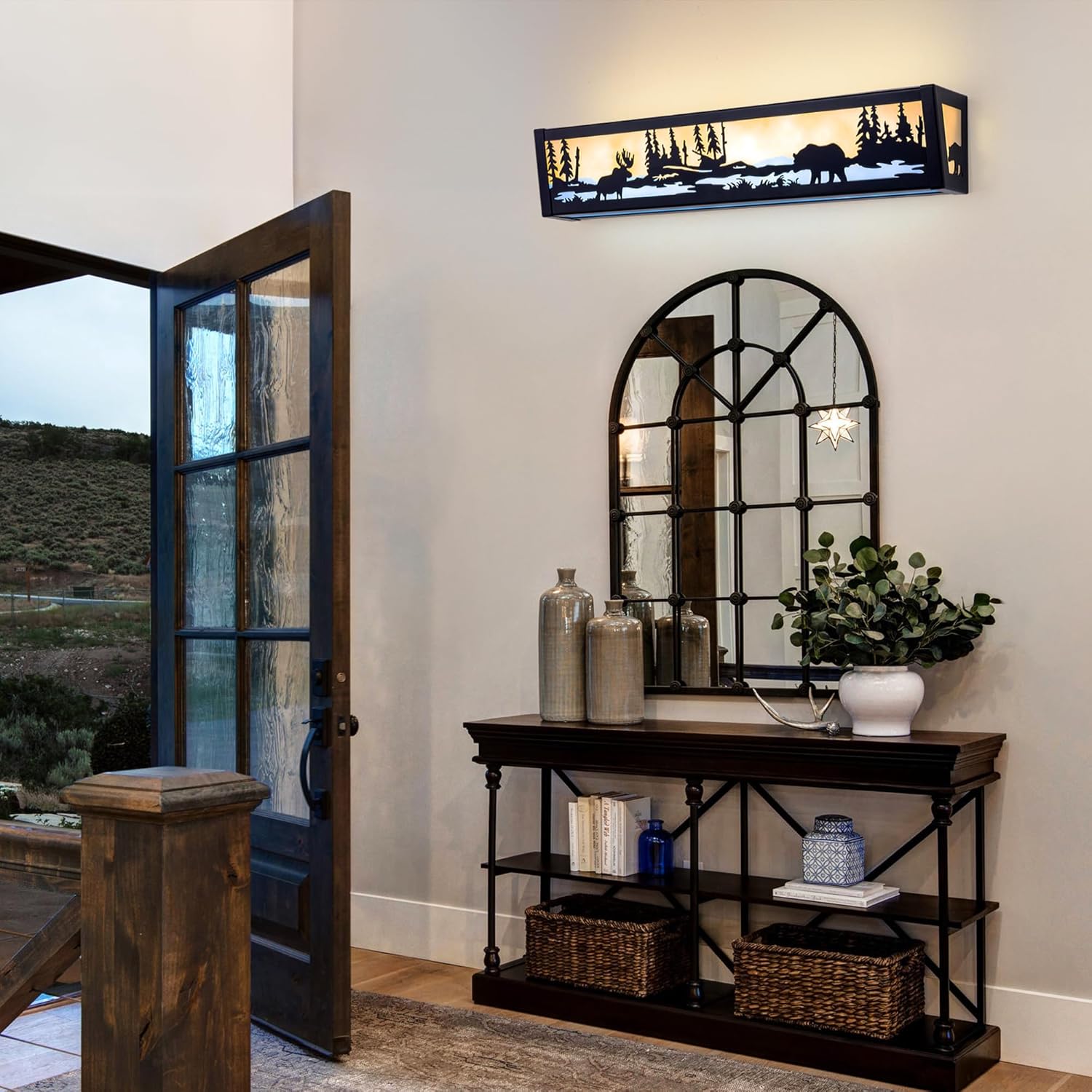 TOCHIC Farmhouse LED Bathroom Vanity Light, Matte Black Western Light Fixture Over Mirror, Rustic Deer & Bear Vanity Lights for Bathroom, Mirror Cabinets, Powder Room, Living Room, 24" L