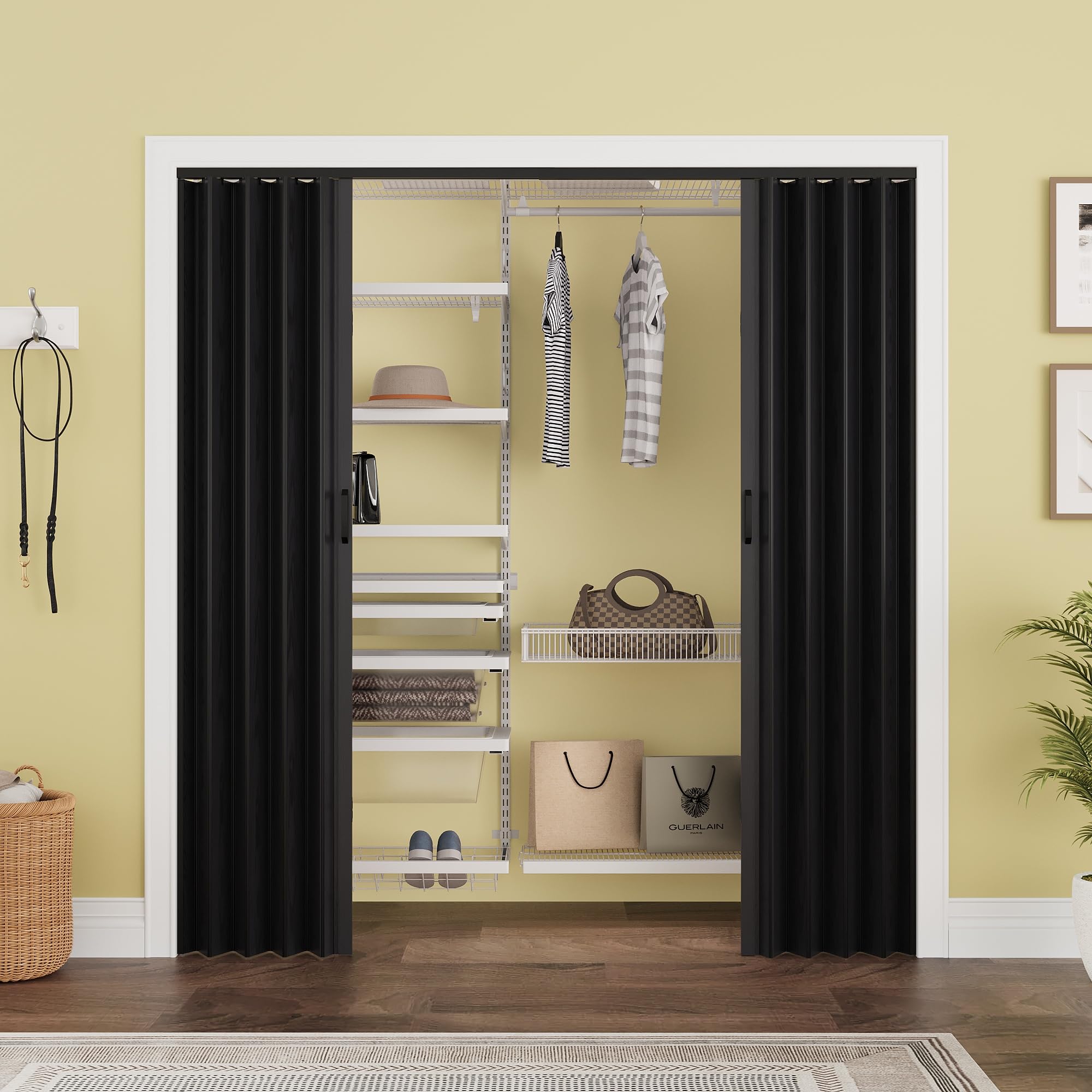 72" x 80" PVC Interior Accordion Door, Suitable for Opening Width 61"-72", Trimmable Height & Width, Room Dividers for Pantry Laundry Closet RV, Strong Magnet Folding Doors, Easy to Install, Black