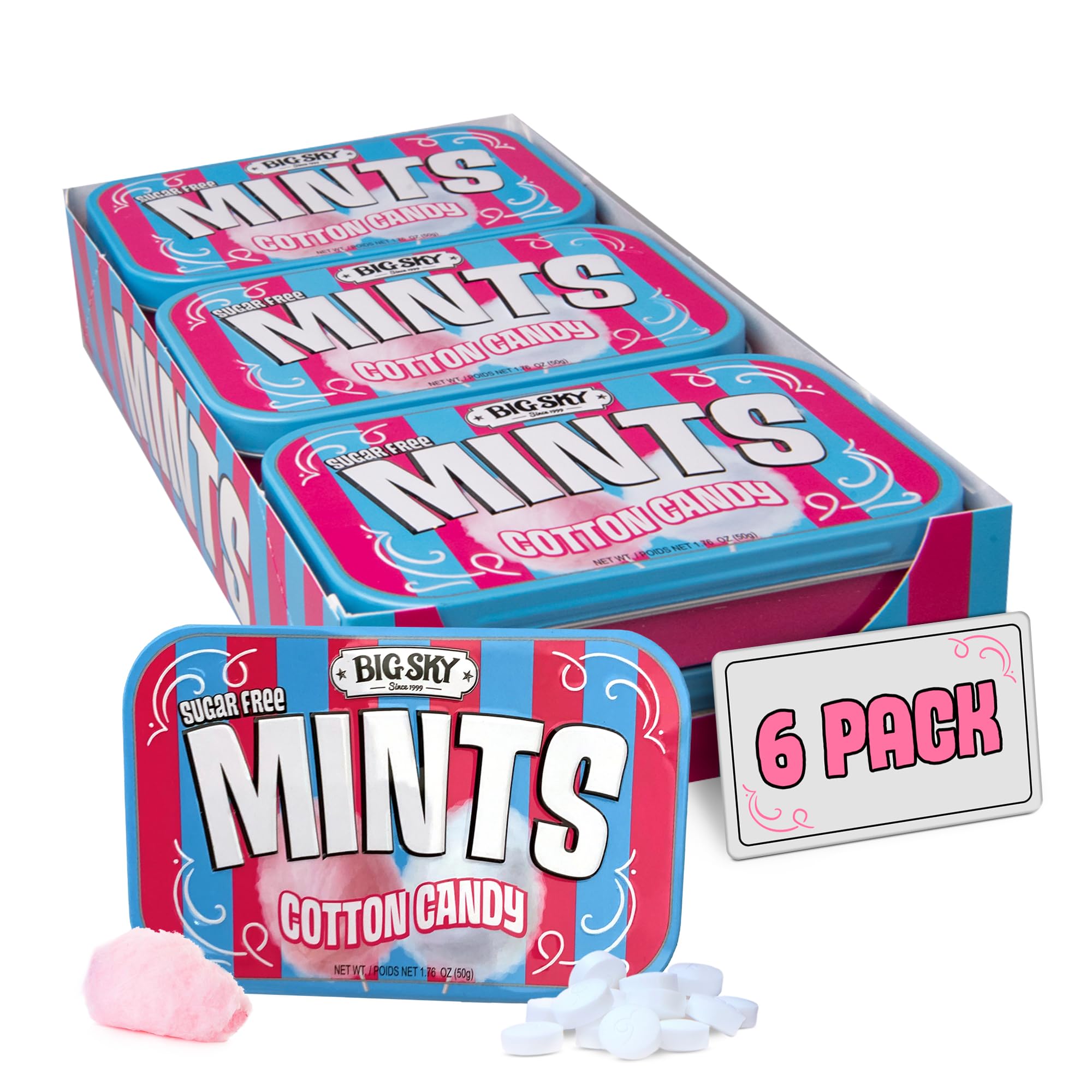 Big Sky Sugar Free Mints Cotton Candy | Sugarfree, No Artificial Colors or Flavors | Kosher Certified, Vegan, Gluten Free | Aspartame & Xylitol Free | 50 Count Tin (Pack of 6)
