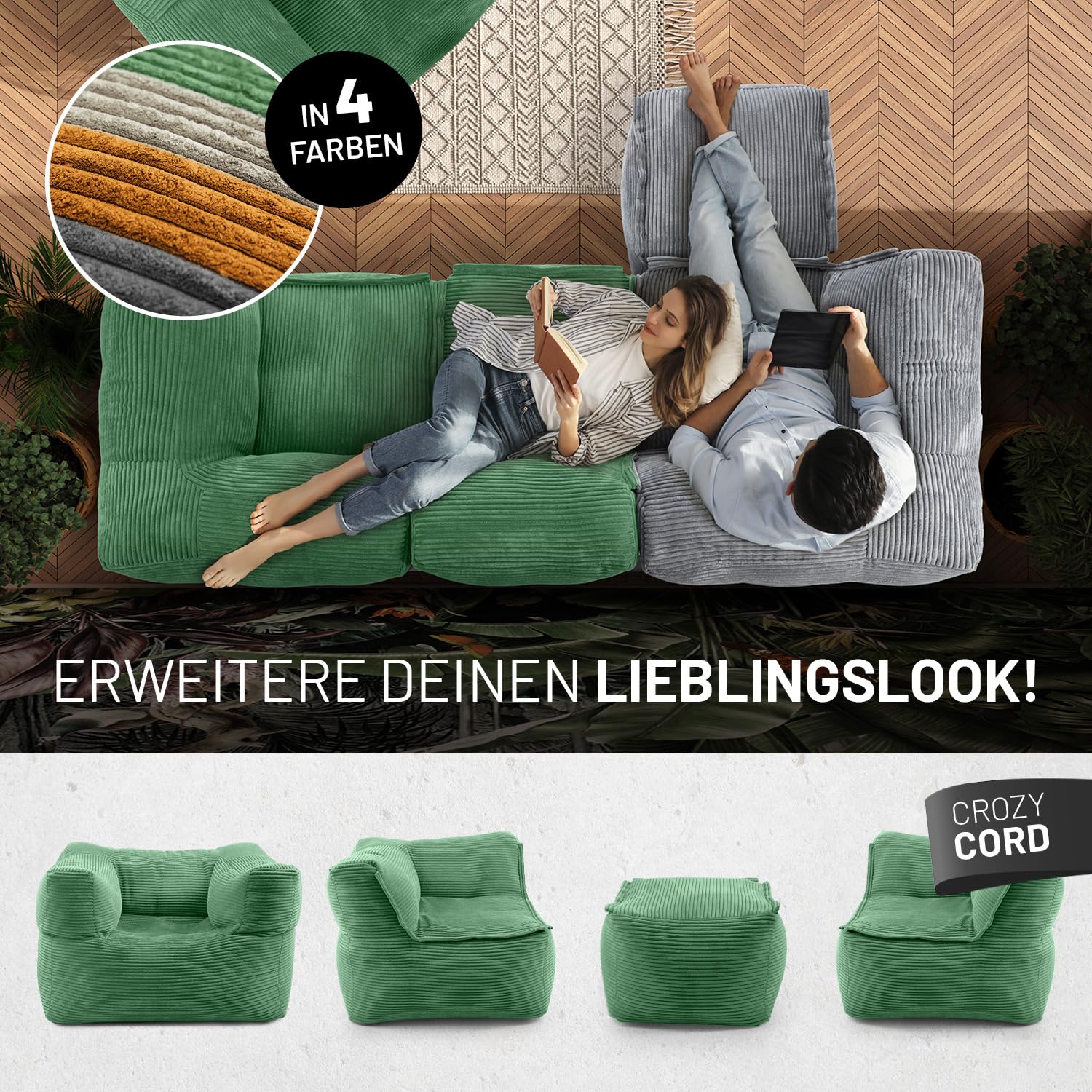 LUMALAND Modular Sitzsack Mitte Cord 200 L für Modulares Sofa | ideales Match mit Sessel & Pouf | EPS Perlen Bean Bag mit Füllung | Indoor Lounge Sitzkissen waschbar für Wohnzimmer, Schlafzimmer & Co.