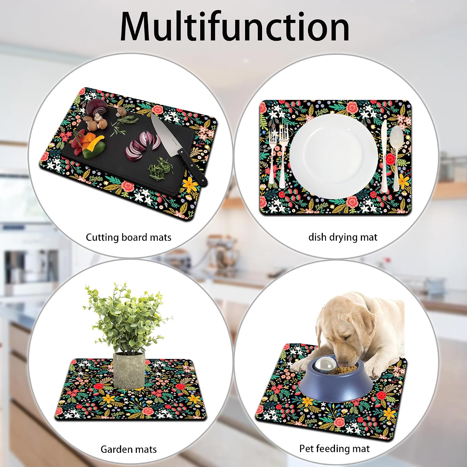 Dish Drying Mat for Multiple Usage. Super Absorbent, Easy clean, Quick dry, Cocina Accesorios for Kitchen Counter or Faucet Sink, Coffee bar, Refrigerator or Air fryer liners, 1 Pack wildflowers