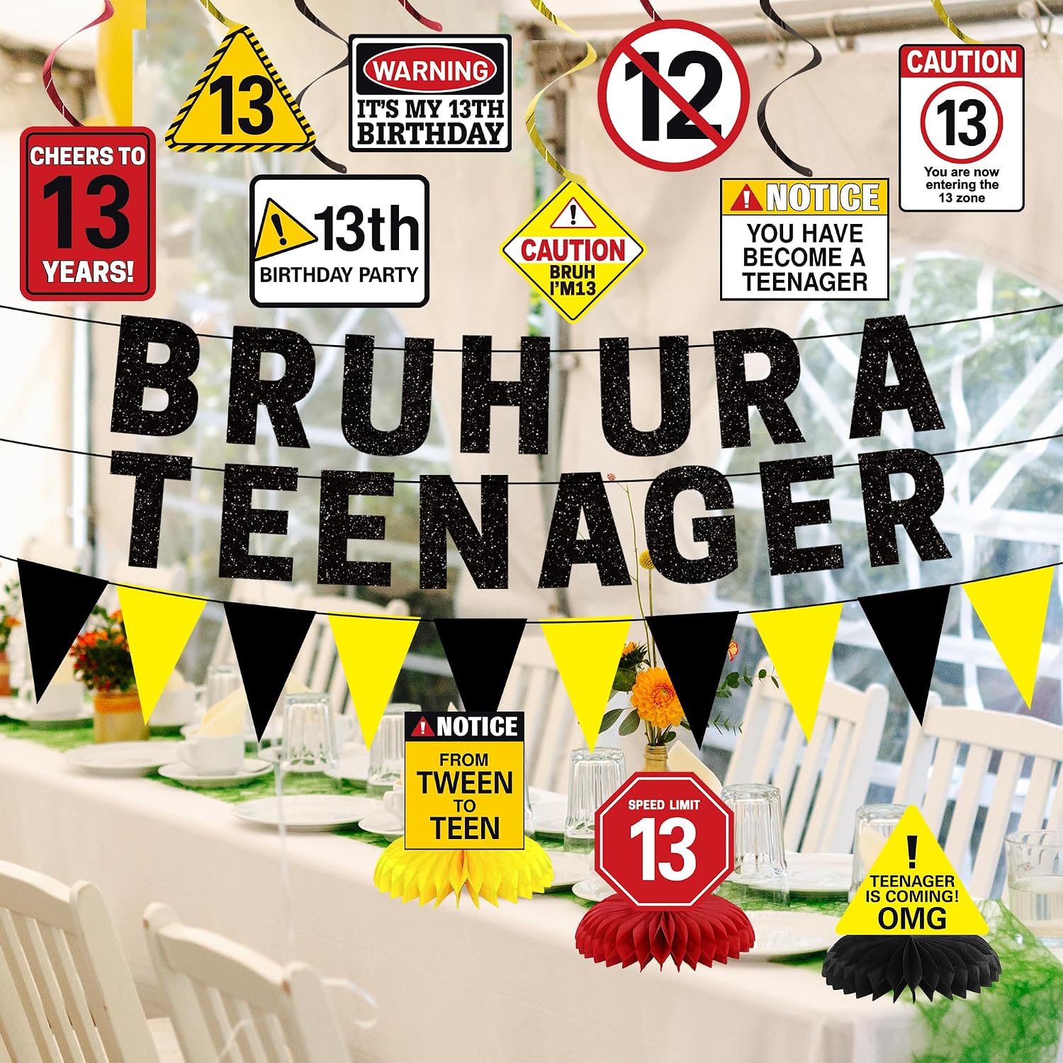 Roetyce 13th Birthday Decorations Boys Girls, Black Bruh U Are A Teenager Banner Table Centerpieces Hanging Swirls, Caution Logo Themed Happy 13th Birthday Party Photo Backdrop Background