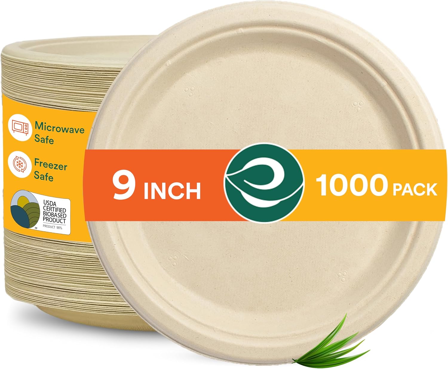 ECO SOUL 100% Compostable 9 Inch Paper Plates 1000 [8x125 Pc] Disposable Heavy Duty Eco-Friendly Sturdy Dinner, Wedding, Event Plates I Biodegradable Unbleached Sugarcane Eco Plates