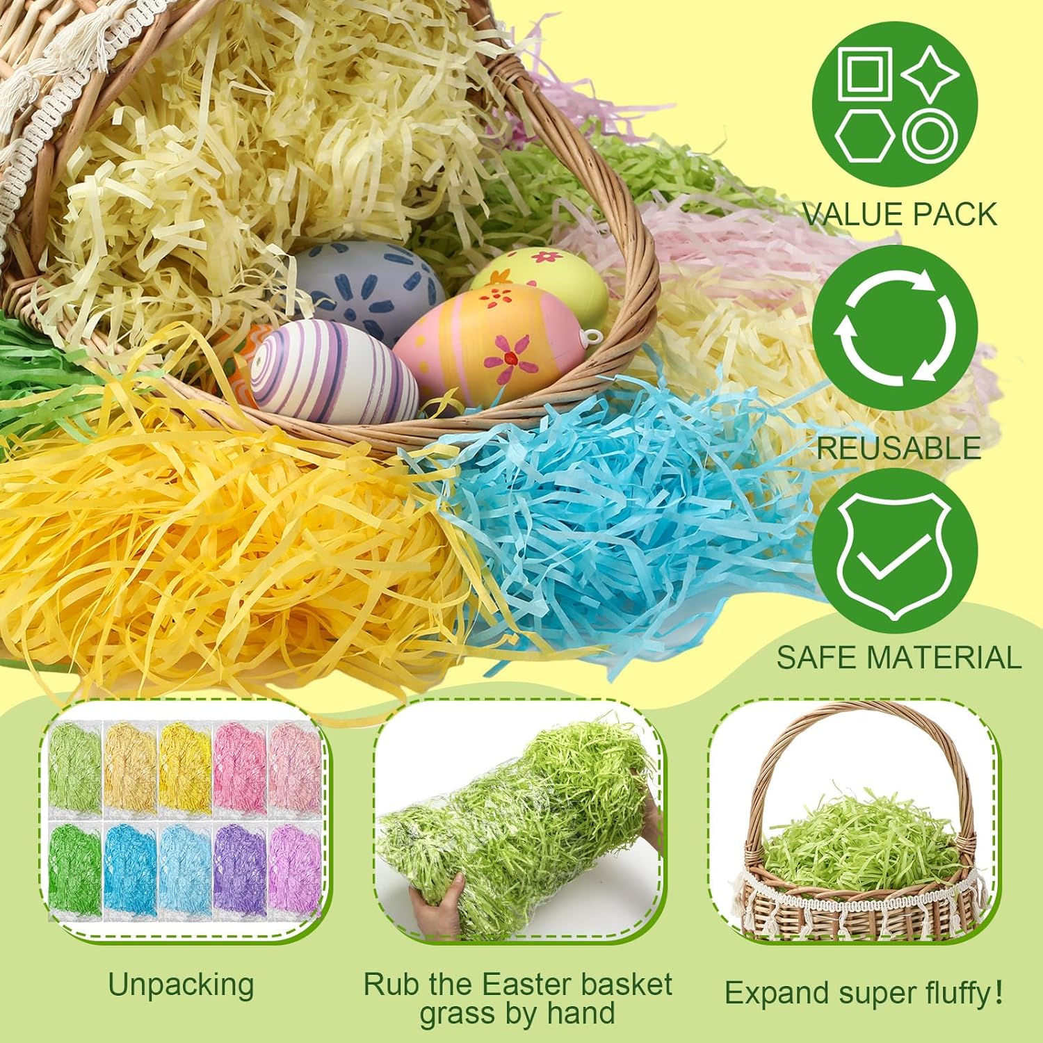 Wavwavw 70 oz (2000g) Multicolor Rainbow Easter Grass Recyclable Paper Grass Shred Pastel Colors (Pink Yellow Green Purple Blue Lavender) Easter Egg Hunt Basket Stuffer Filler Party Decor Favor