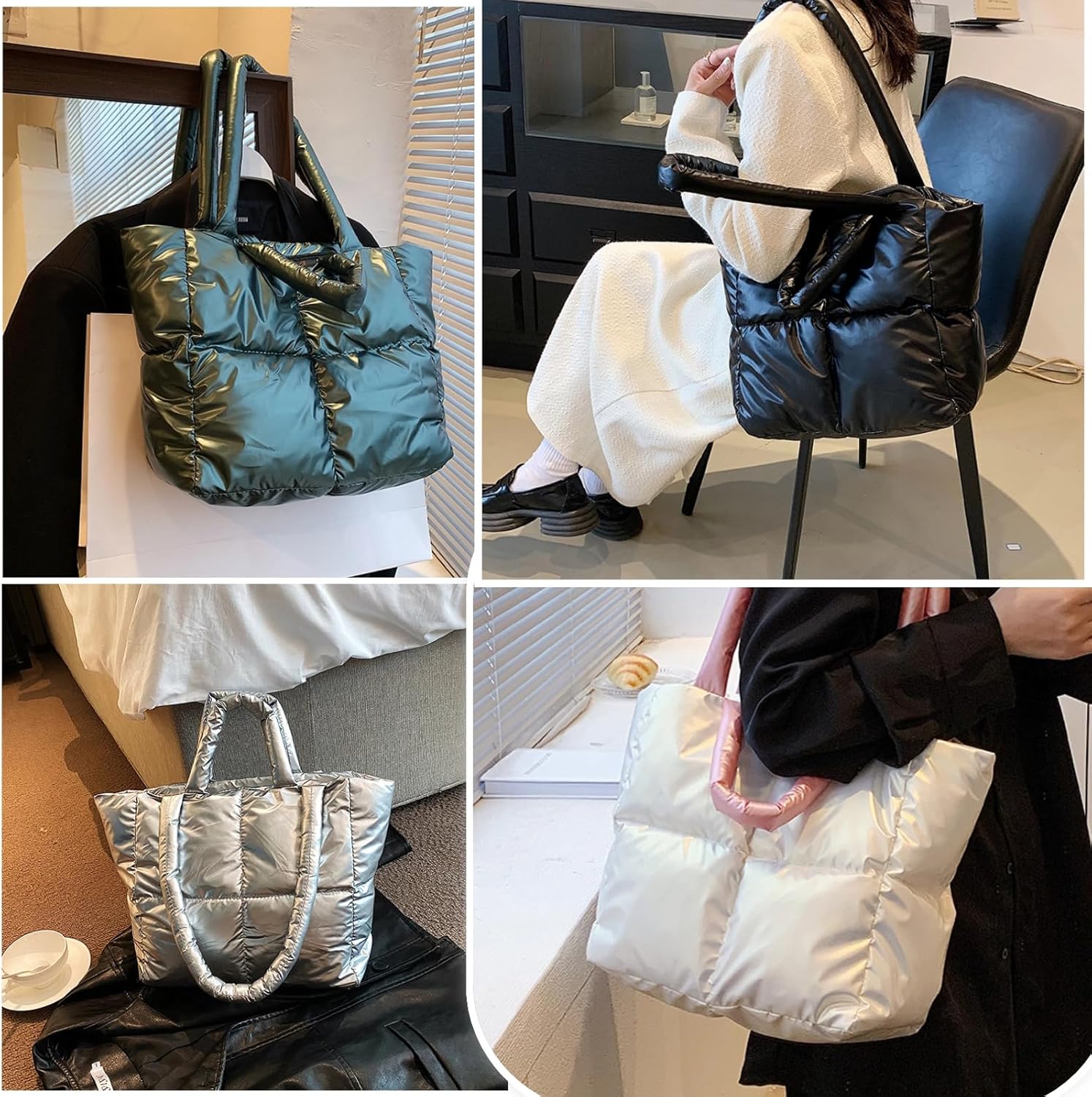 Puffy Tote Bag Padded Puffy Tote Lattice Handbags for Women Large Puffer Tote Bag Shoulder Bag Puffer Luxury Bags - Image 5