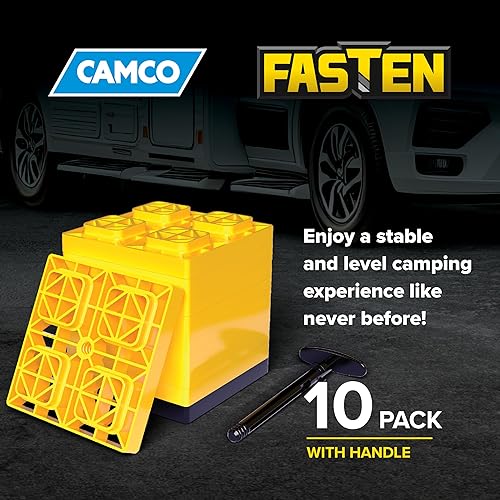 Miniatura 6 de Camco FasTen 21022, bloques de nivelación para cámper y caravana, diseñados con resina resistente a los rayos UV y práctica asa de transporte para