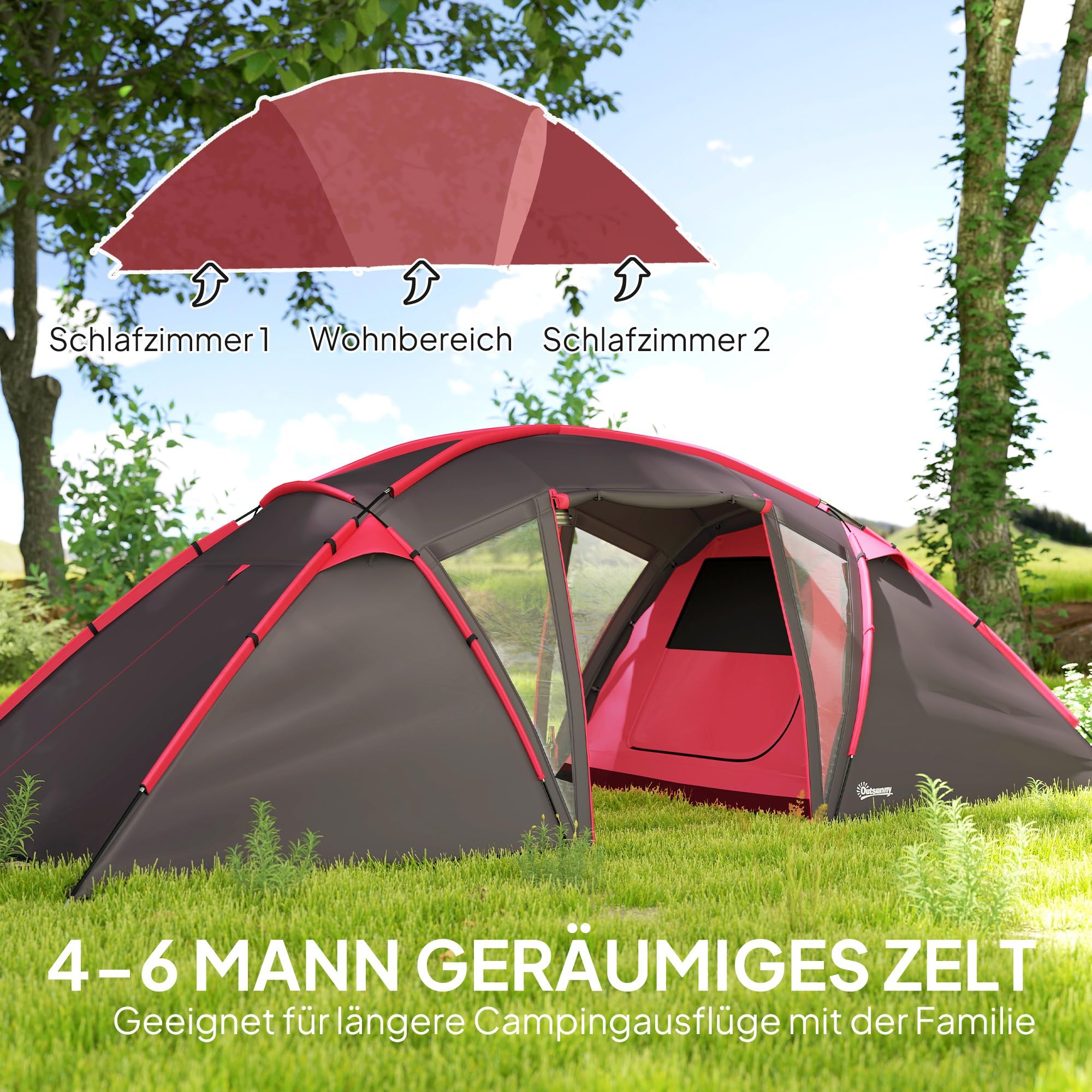 Outsunny Tunnelzelt, Campingzelt für 4-6 Personen, mit 3 Räumen, Lichthaken, Gruppenzelt mit Doppeltüren, 3000mm Wasserabweisend Familienzelt, für Garten, Campingplatz, Grau