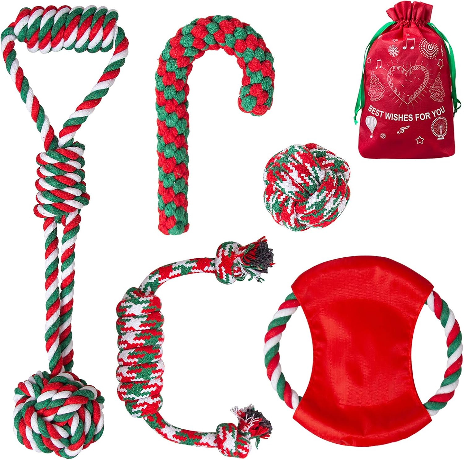 BurgeonNest Christmas Dog Rope Toys, 5 Packs Rope Puppy Teething Chew Toys with Bag, Stocking Stuffers for Small Medium Dogs