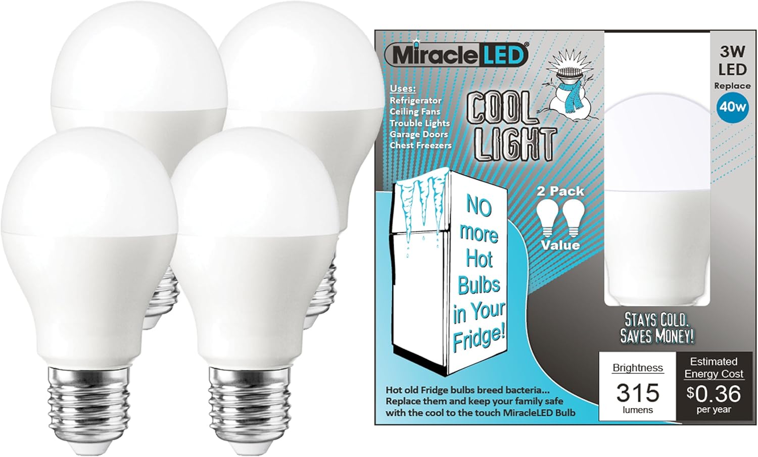 MiracleLED 604061 Refrigerator and Freezer Long Life Led Energy Saving Light Bulb, Daylight Cool White Color, 3 Watt Operating, 8-Pack,