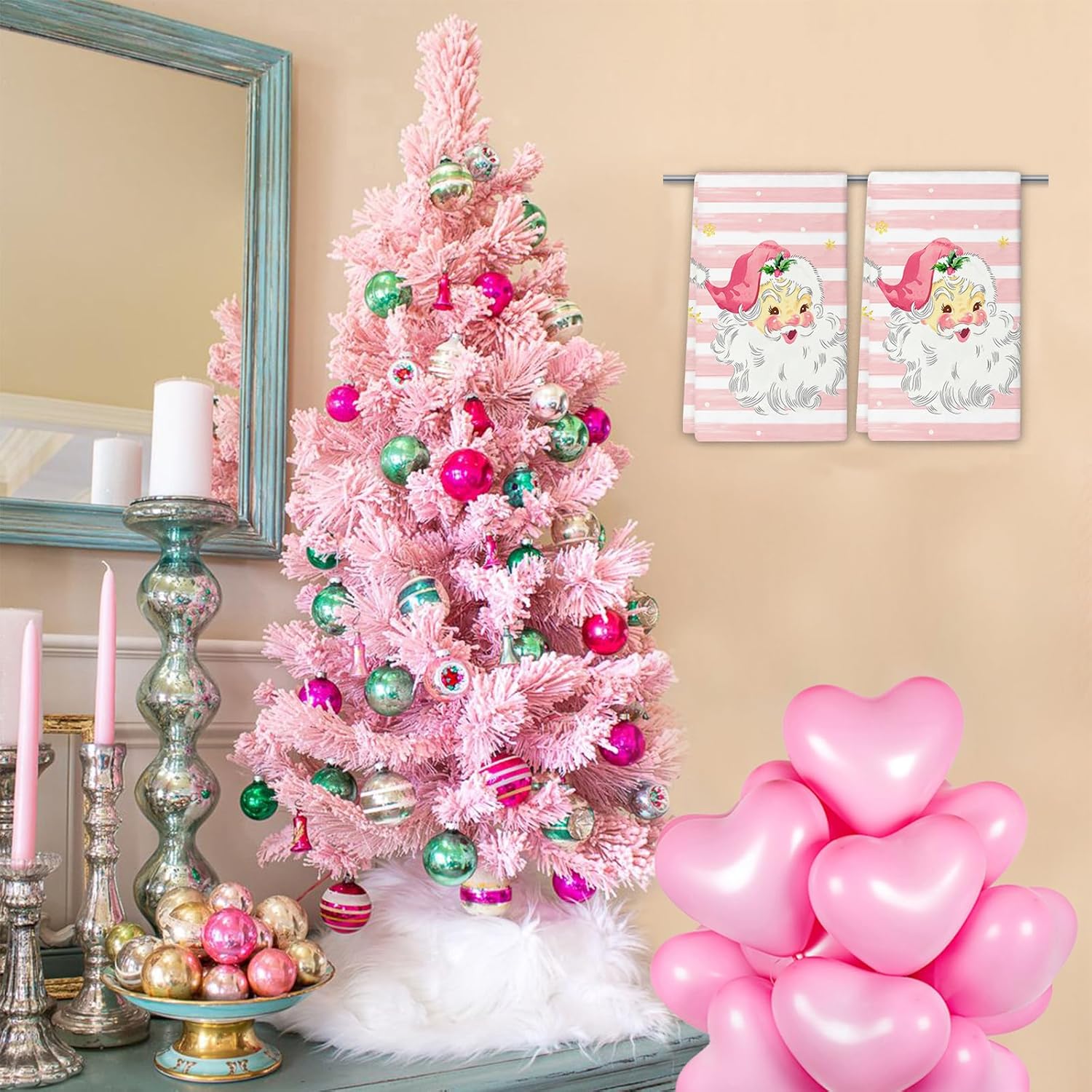 Xmas Santa Claus Kitchen Dish Towels, 2 PC Winter Christmas Decoration Hand Towels, Snowflake Pink Stripes Tea Towels, 26x18 Inch Hand Towels for Cooking Baking - Image 4