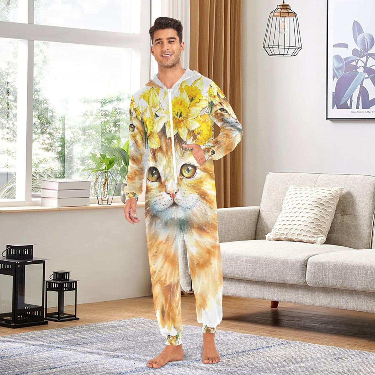 Cute Watercolor Cat Adult Onesie Pajamas for Unisex Novelty One Piece Costume Sleepwear