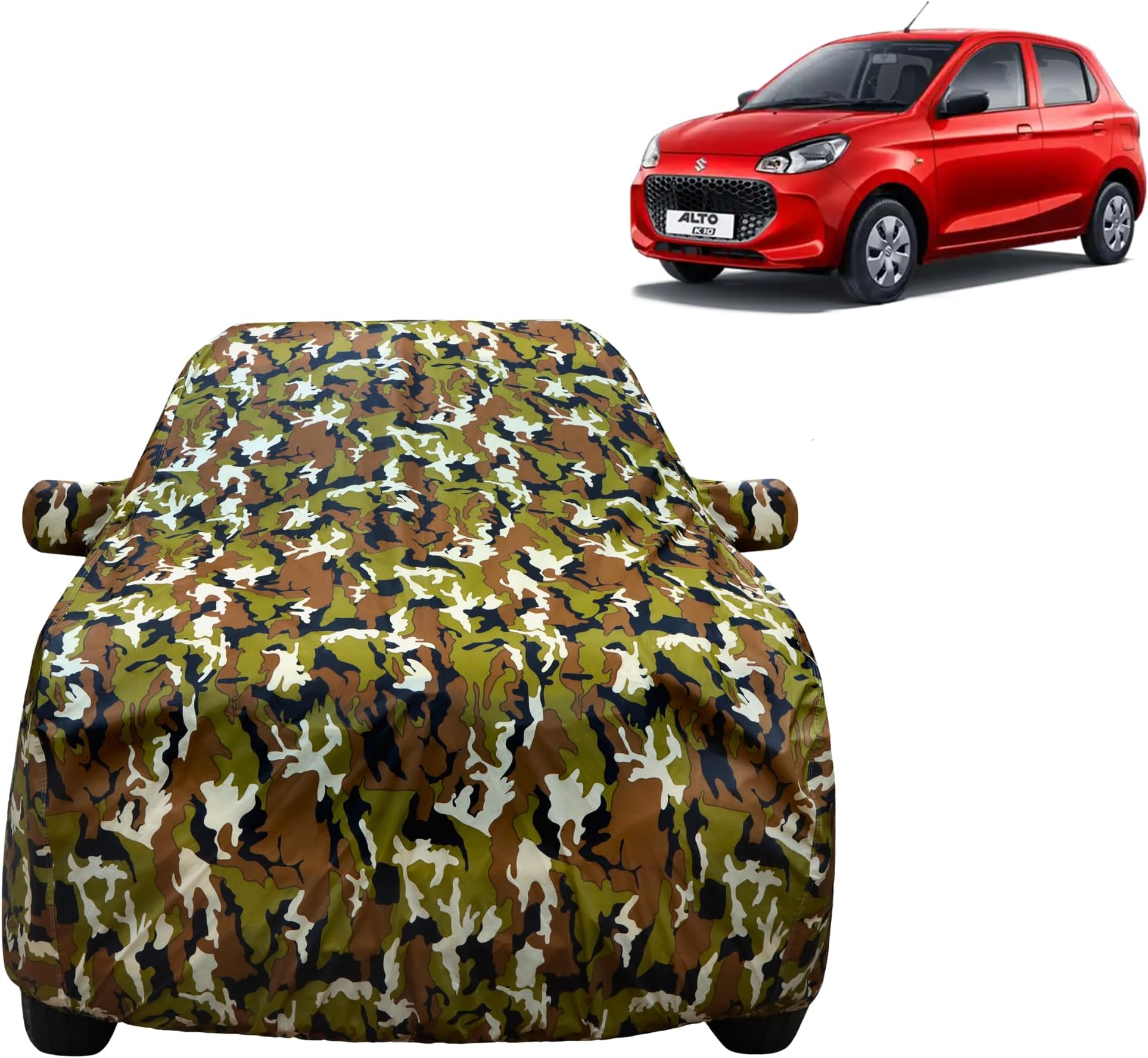 VYAS 100% Waterproof Car Body Cover for Maruti Suzuki New Alto K10 (2022-2025) with Mirror Pocket Triple Stitched Belt & Buckle Fitting Dual Elastic, Durable Material Jungle Print Camouflage Design