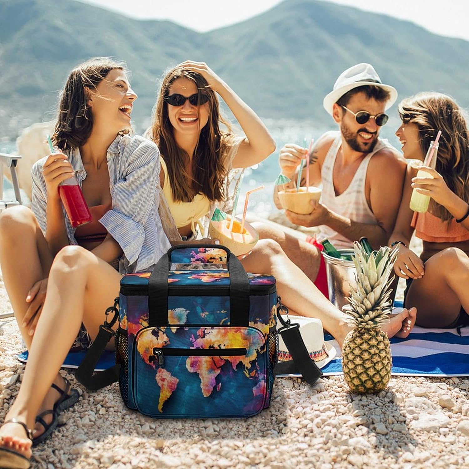 Camping Ice Pack, Abstract World Map Print Cooler Bag, 22.5L Large Capacity Insulated Lunch Tote Bag for Outdoor, Picnic, BBQ, Travel, Work