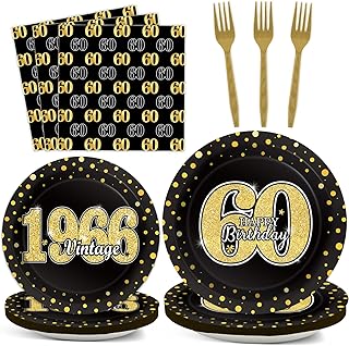200PCS 60th Theme Birthday Party Tableware Vintage 1966 Party Supplies | 60 year old Birthday Party Decorations, 60th Plates Napkins Forks, Black and Gold Dinnerware Favors, for Men or Women
