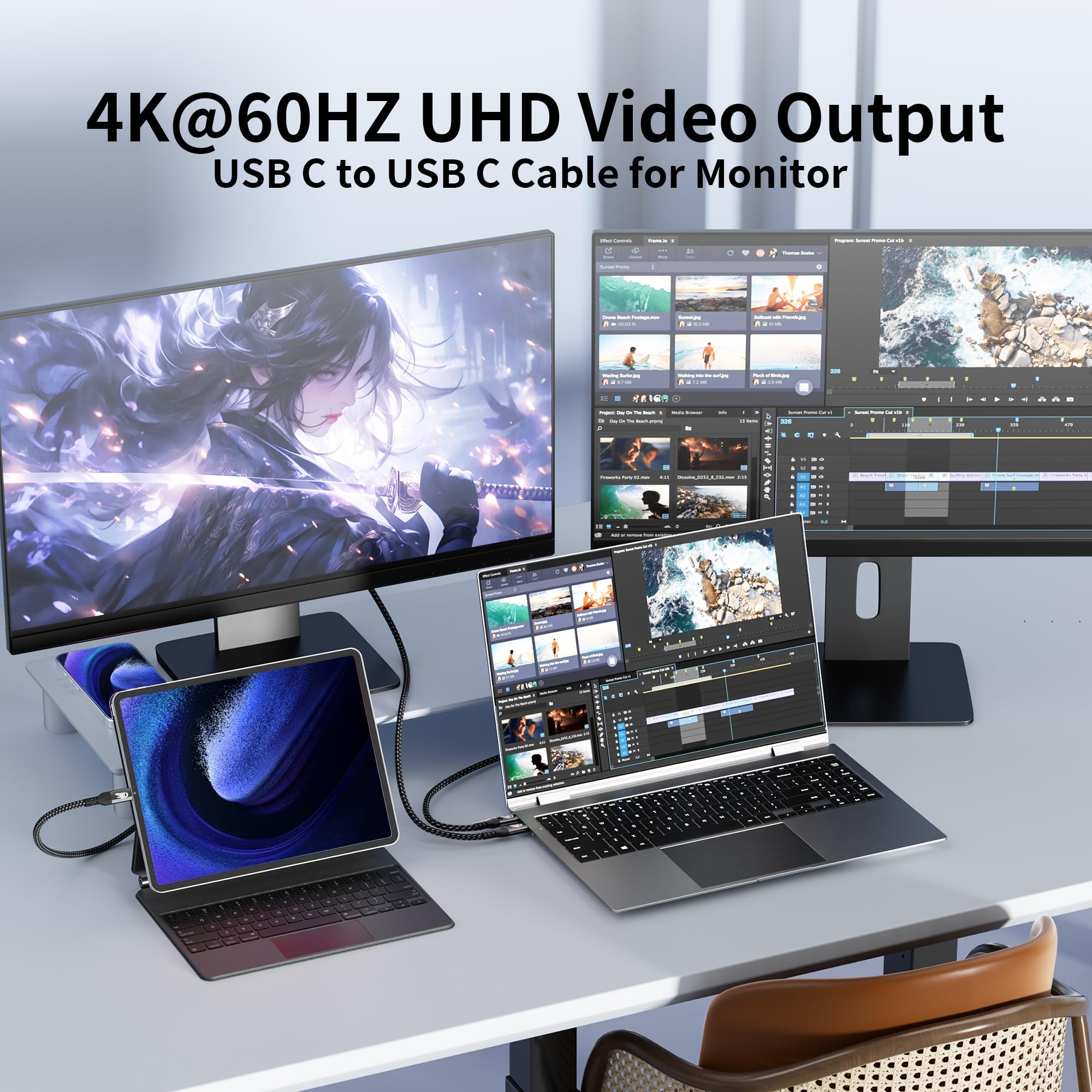 Cavi USB C da 3 m, lunghezza 3 m, compatibili con Thunderbolt 4/3, USB 3.2 Gen 2 20 Gbps ad alta velocità, ricarica rapida da 100 W e cavo video USB C 4K a 120 Hz per monitor, cavo di
