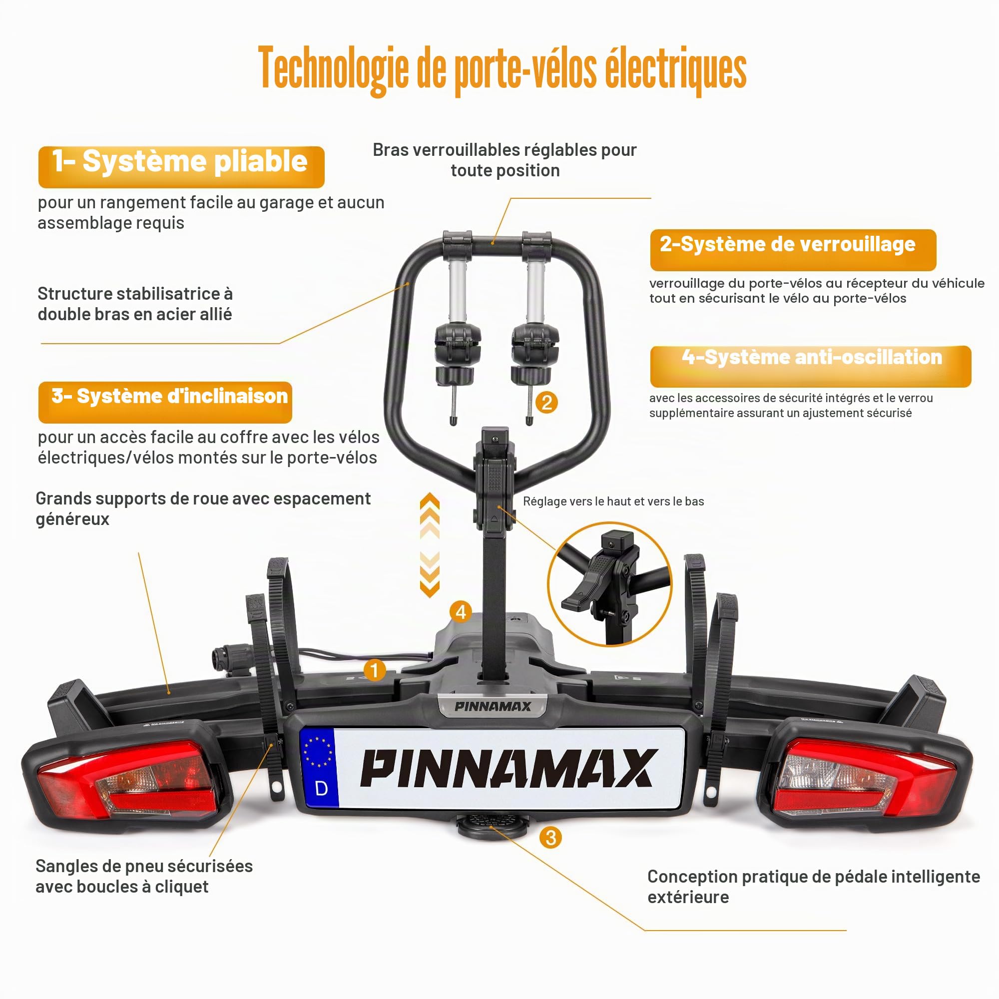 Porte-vélos EBike pour 2 vélos, support arrière pliable et inclinable pour attelage de remorque jusqu'à 60 kg, porte-vélos avec protection antivol, feu arrière et support