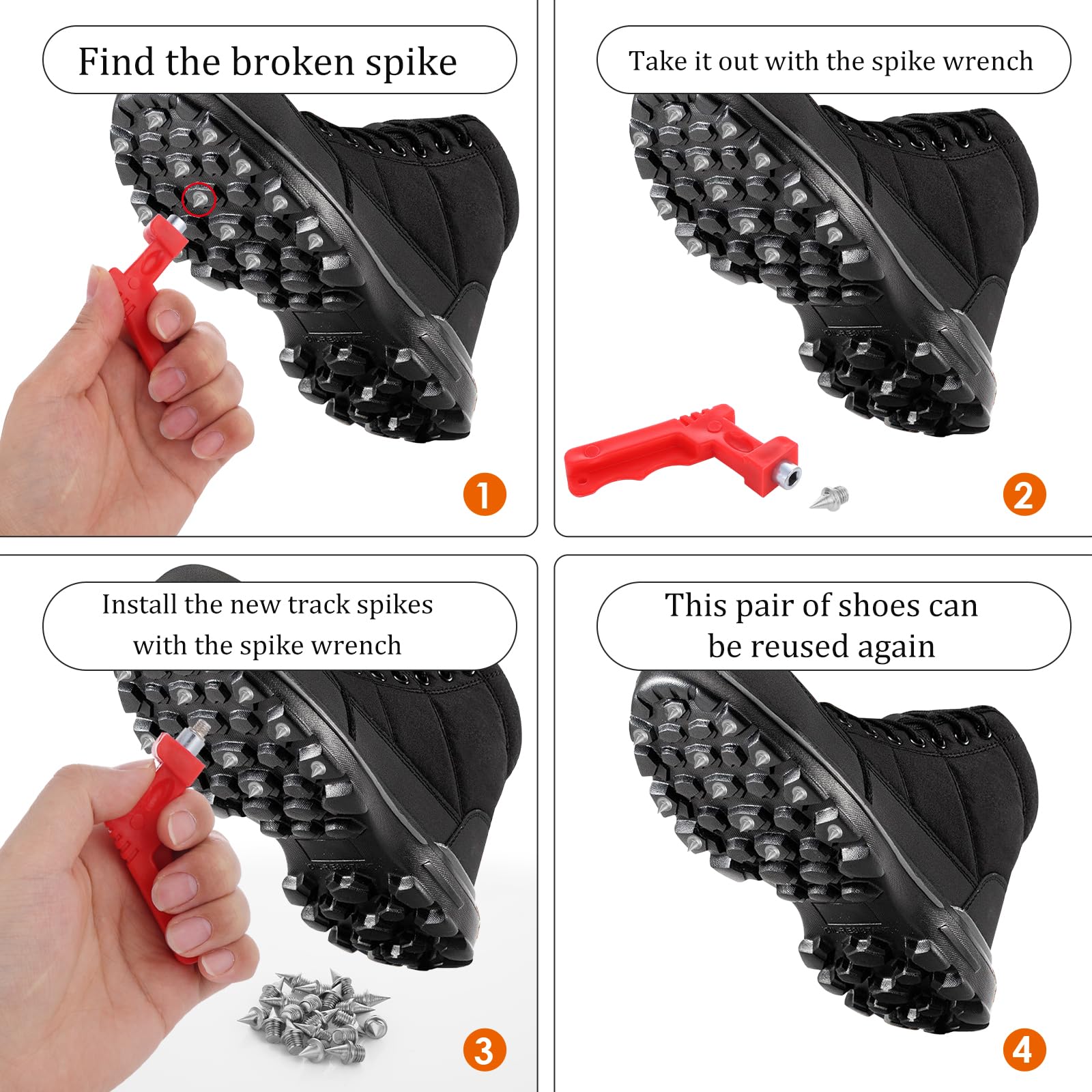 Lot de 50 crampons en acier inoxydable 7 mm pour l'athlétisme, la piste pyramidale et le cross-country avec clé à pointe, pointes de rechange pour chaussures de golf, chaussures de sport, chaussures