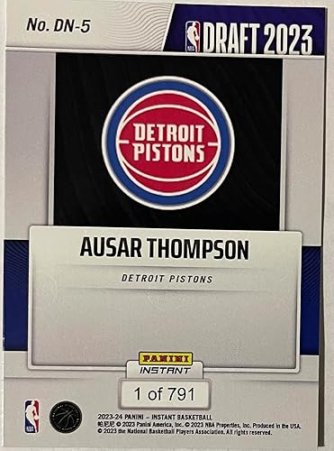 Miniatura 2 de 2023-24 Panini Instant Draft Night- Ausar Thompson- #DN-5 -RC Rookie Pick #5 - Basketball Trading Card- Detroit Pistons- Print Run of Only 791 Made!