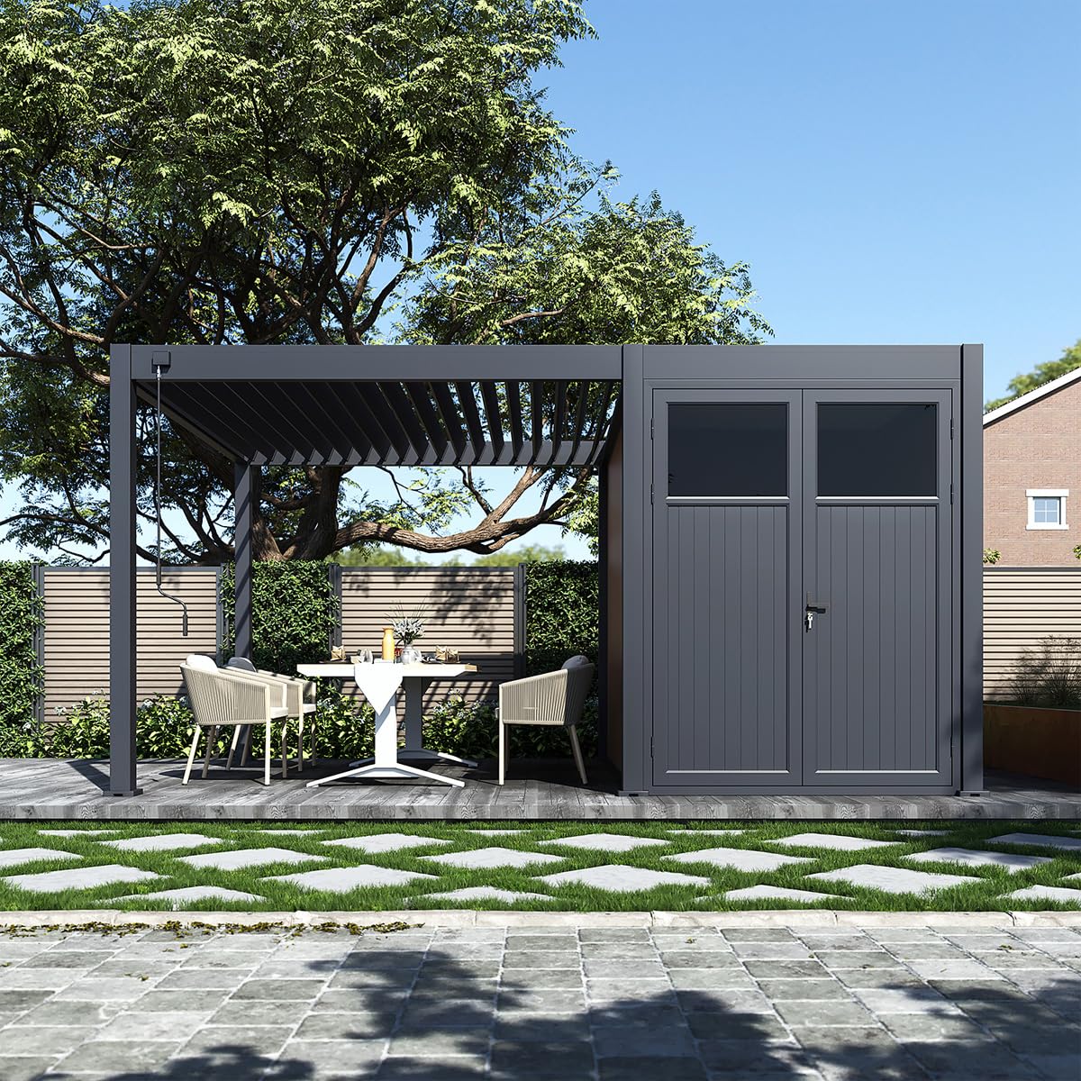 Weide Anbau-Gartenhaus | Robuste Pergola-Erweiterung aus WPC & Alu | Wetterfester Geräteschuppen 3 x 2 Anthrazit