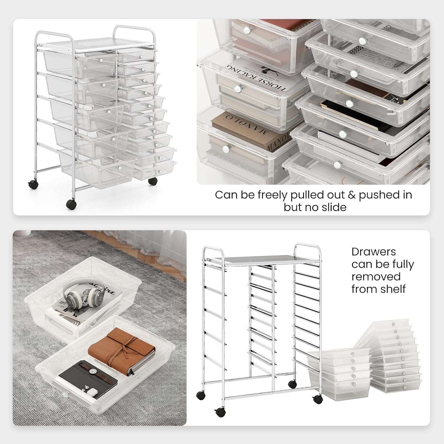 15-Drawer Rolling Cart, Mobile Storage Cart with Universal Wheel & Metal Frame, Multipurpose Trolley Utility Cart, Craft Art Cart Organizer for Home Office School