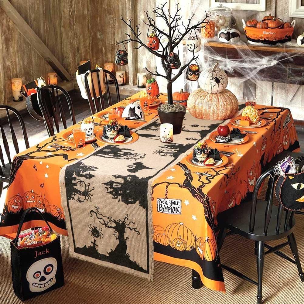 AerWo 14 x 74 Inch Halloween Burlap Table Runner, Black Spider Tassel Tablecloth for Halloween Party, Dinner Parties and Home Decorations