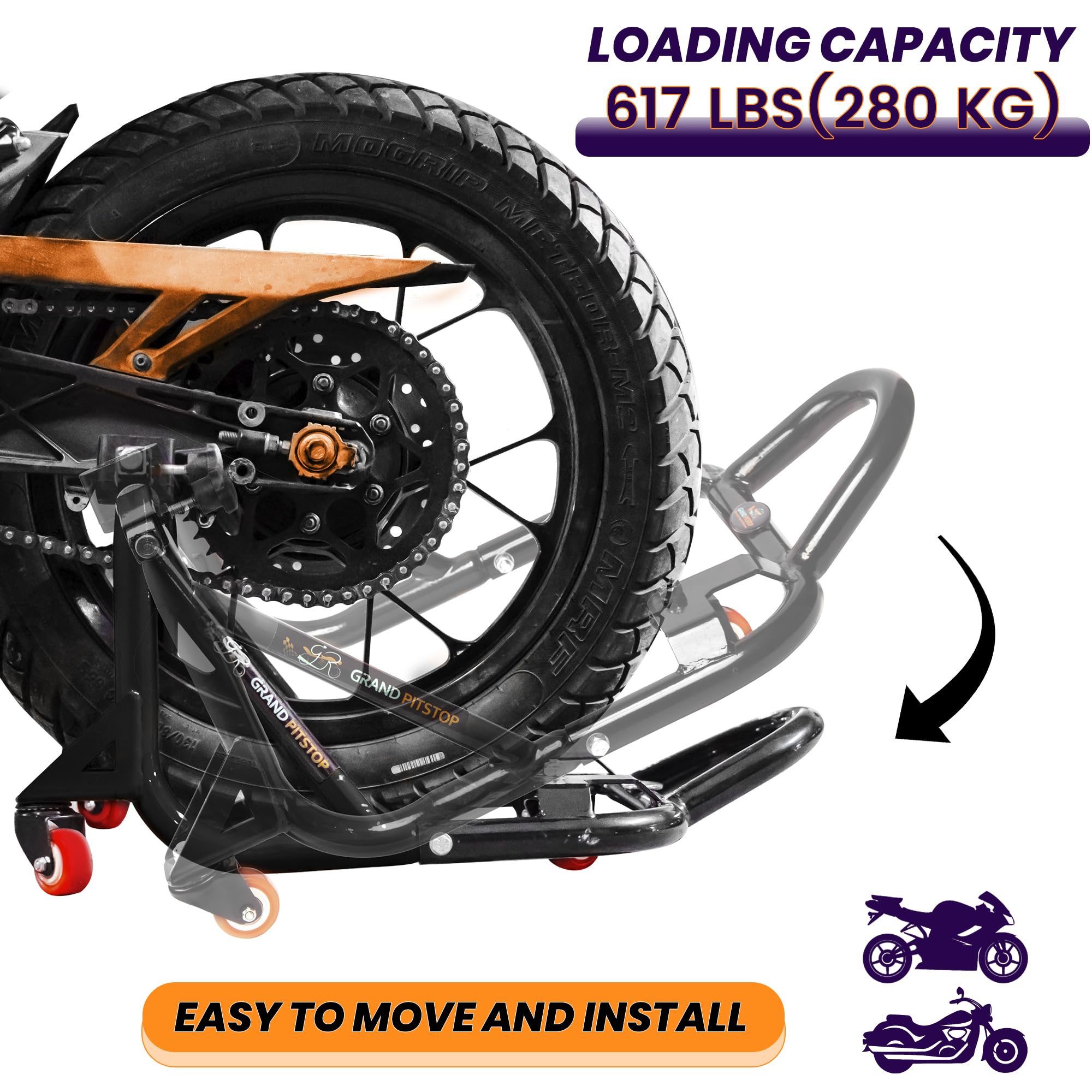 Grand Pitstop Universeller verstellbarer Heckständer für Motorrad mit Schwingenauflage (360° abnehmbar, schwarz, Motorradgewicht bis zu 226 kg)