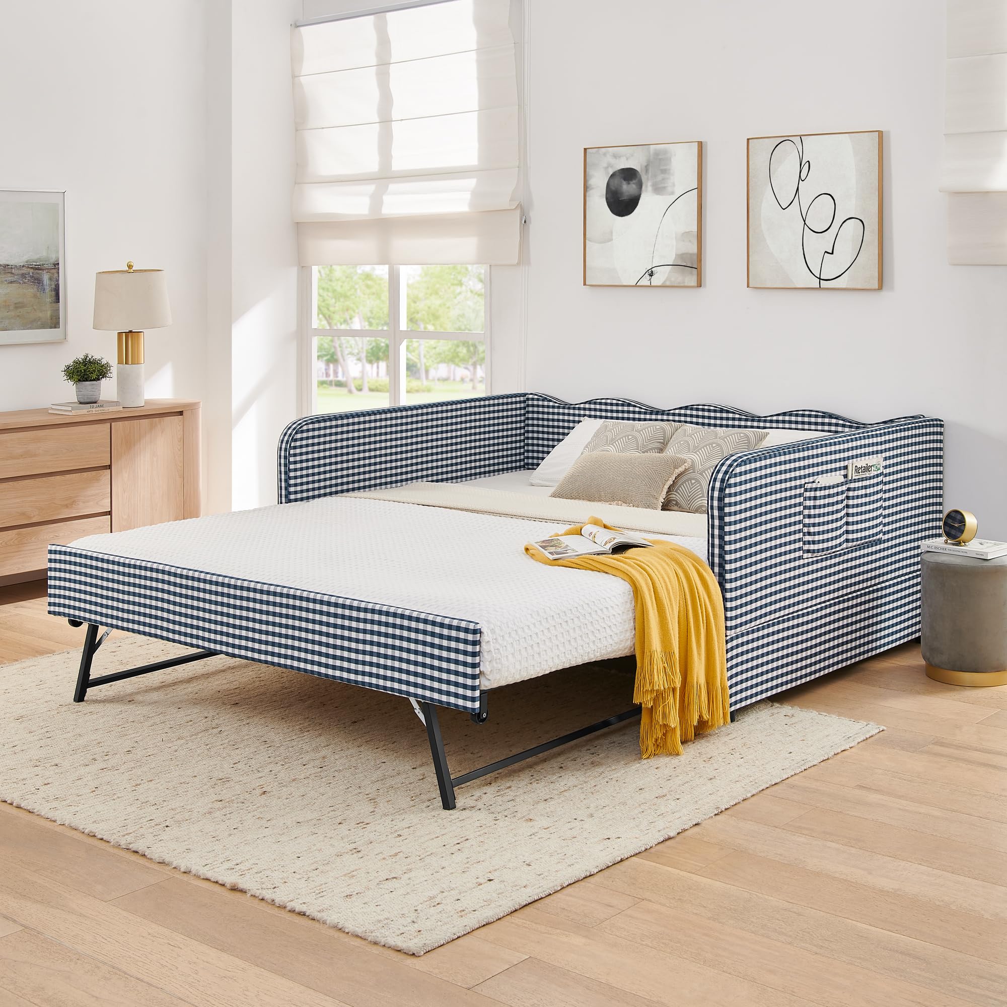 Photo 1 of ***PARTIAL SET - PRICE ADJUSTED***
KEIKI Full Size Upholstered Gingham Daybed with Trundle, Full to King Design Adorable Wave Shaped Extendable Sofa Bed, Easy Assembly, No Box Spring Required, for Living Room & Bedroom, Blue