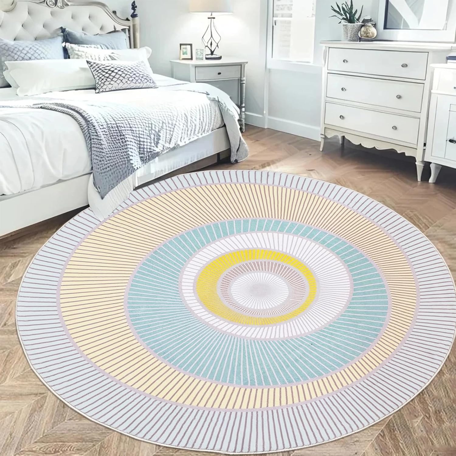 Modern Area Rug 6Ft Round Carpet for Bedroom Living Room Kids Room, Large Circle Contemporary Abstract Mat for Boys Girls Room Playroom, Nonslip Washable Geometric Throw Rug, Green/Yellow