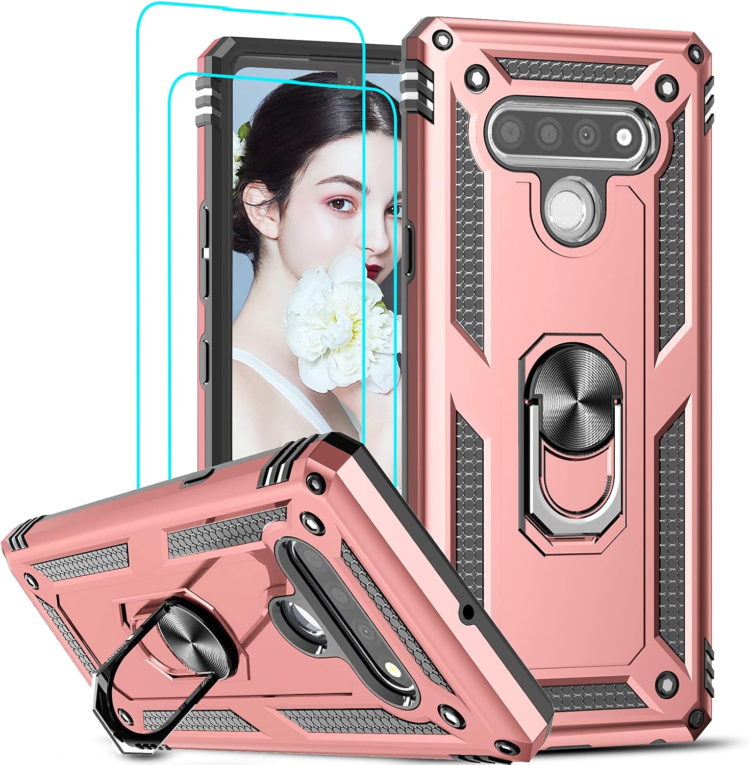 LeYi Compatible for LG Stylo 6 Case, LG Stylo 6 Phone Case with [2 Pack] Tempered Glass Screen Protector, [Military-Grade] Armor Protective Case with Magnetic Ring Kickstand for LG Stylo 6, Rose Gold