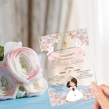 Avior Baptism Invitation for Girl, Luxury Holy Bautizo Christening Gold Cross Fiesta Little Girl Praying First Communion invitation (10 Invitations)