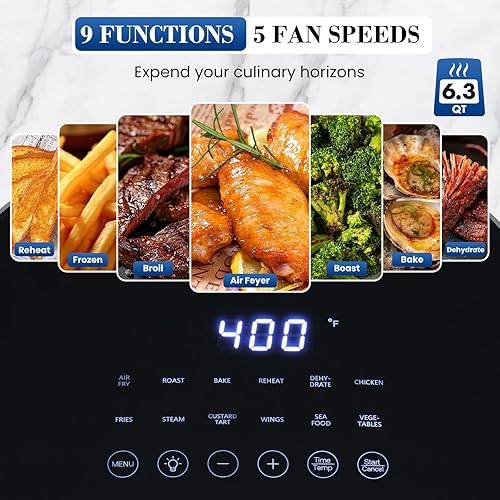 Miniatura 7 de NEWBULIG Freidora de aire, freidora de aire cuadrada de 6 cuartos de galón con ventana visual, freidora de aire de calentamiento rápido de 400  con