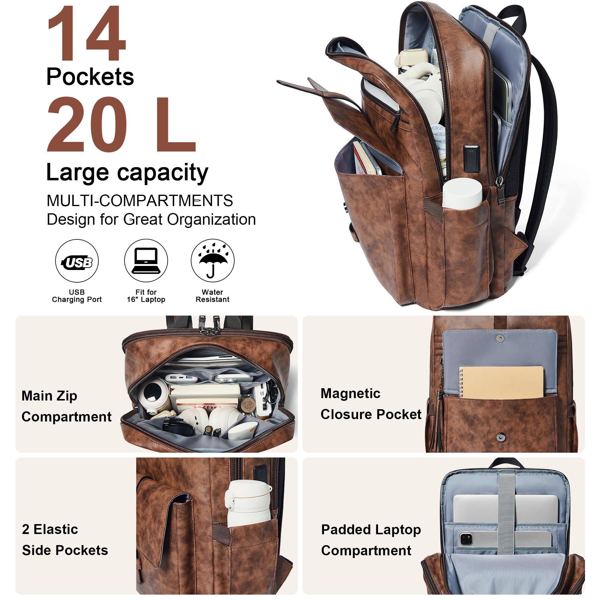 Shrrie Mochila de piel vegana para portátil de 16 pulgadas con cargador USB, ligera e inteligente parade para hombre y mujer para negocios, trabajo, oficina y universidad, Bicolor Marrón