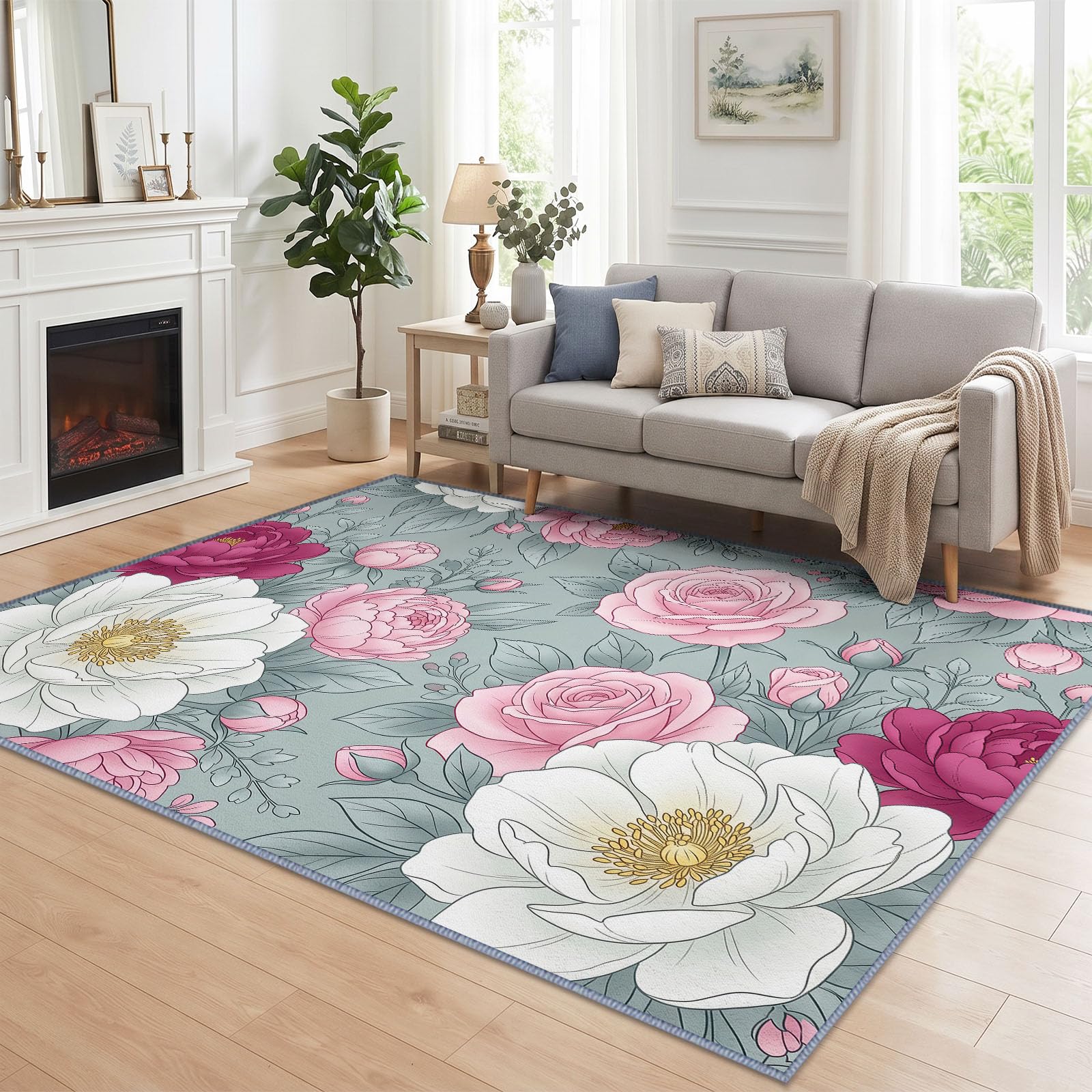 Générique Floral Pivoine Tapis Salon 80x150 cm, Lavable en Machine AntidéRapant Poil Ras Classique Romantique Style Victorien Tapis, pour Chambre Salle a Manger Descente de Lit Bureau Cuisine