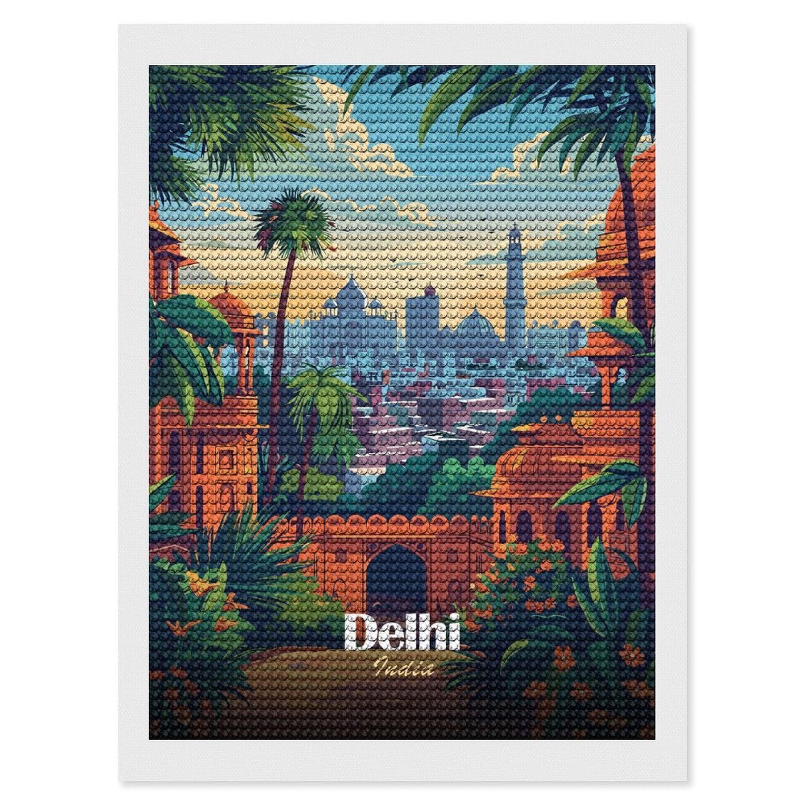 Junmoney Delhi, India Cityscape Illustration Full Drill Diamond Painting Kit 12"x16", for Teens, Calming Craft to Unwind, Home Wall Decor, Christmas Gift