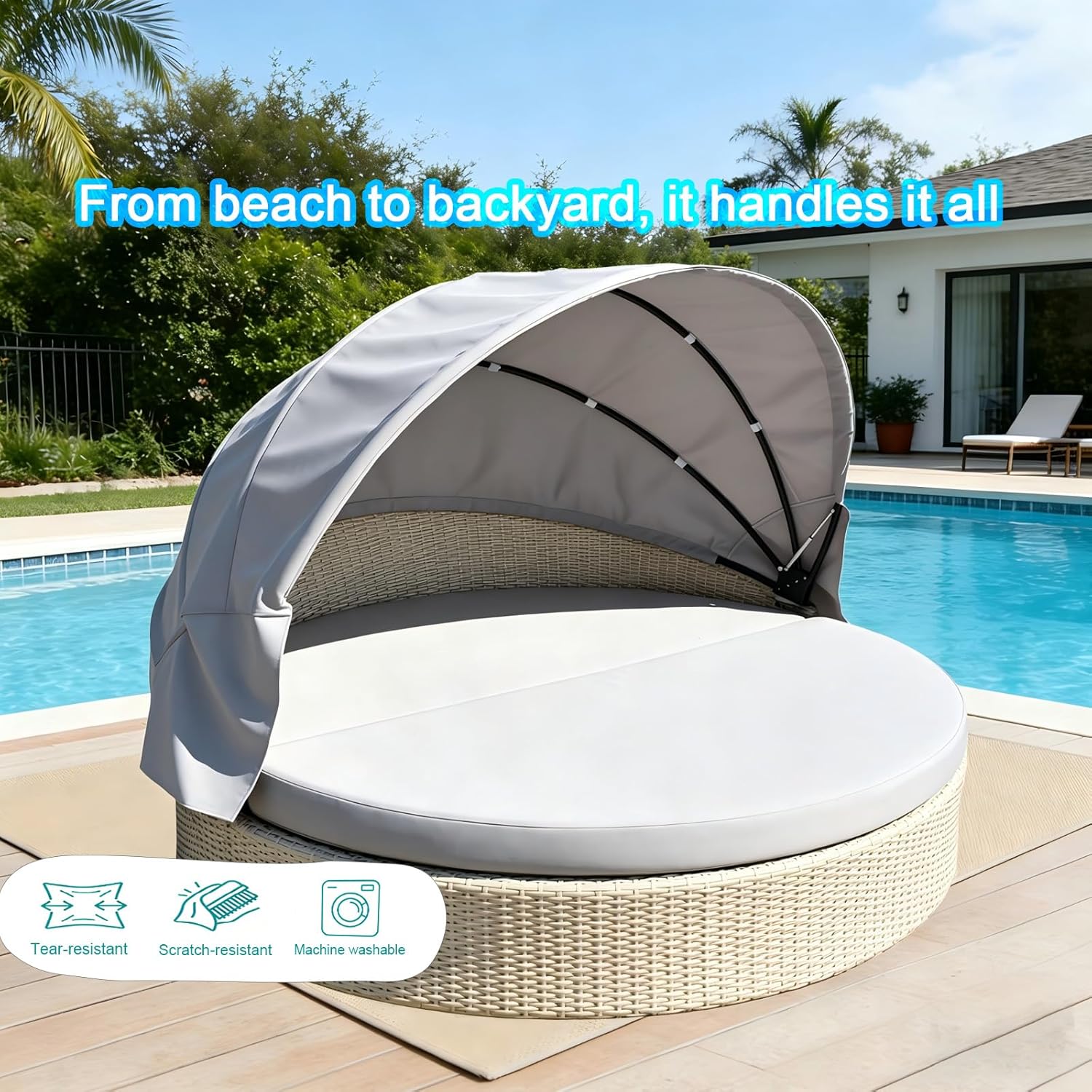 84 Inch Round Daybed Canopy Replacement Top Customizable Sizes & Colors, for Patio Rattan Wicker Sunbed, Easy Install Fabric Cover with Straps, Navy Blue