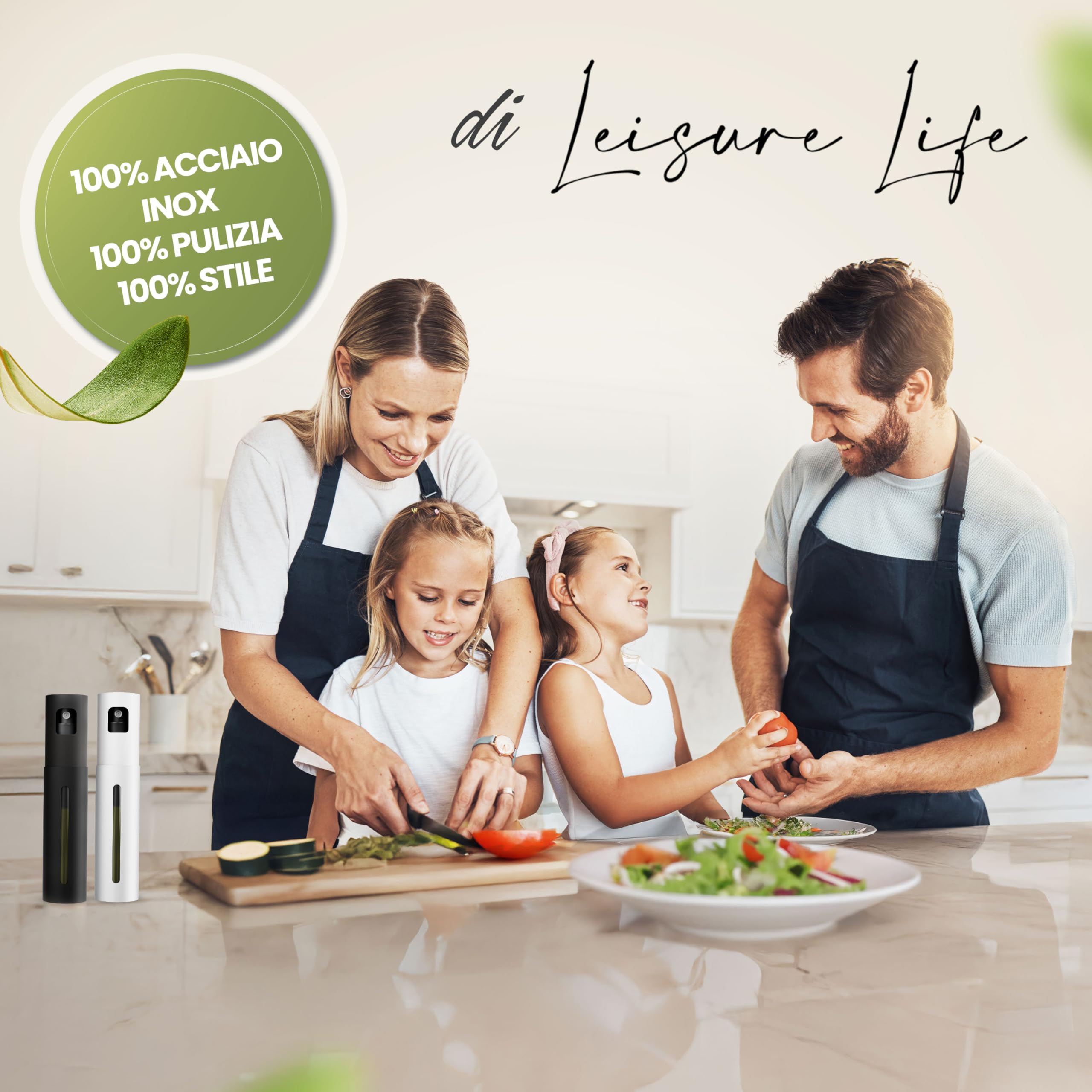 Leisure Life® | Spruzzatore olio premium 2.0 – acciaio pieno 100 ml | protezione UV, senza BPA, lavabile in lavastoviglie | nebulizzazione uniforme | per cucina, barbecue e airfryer