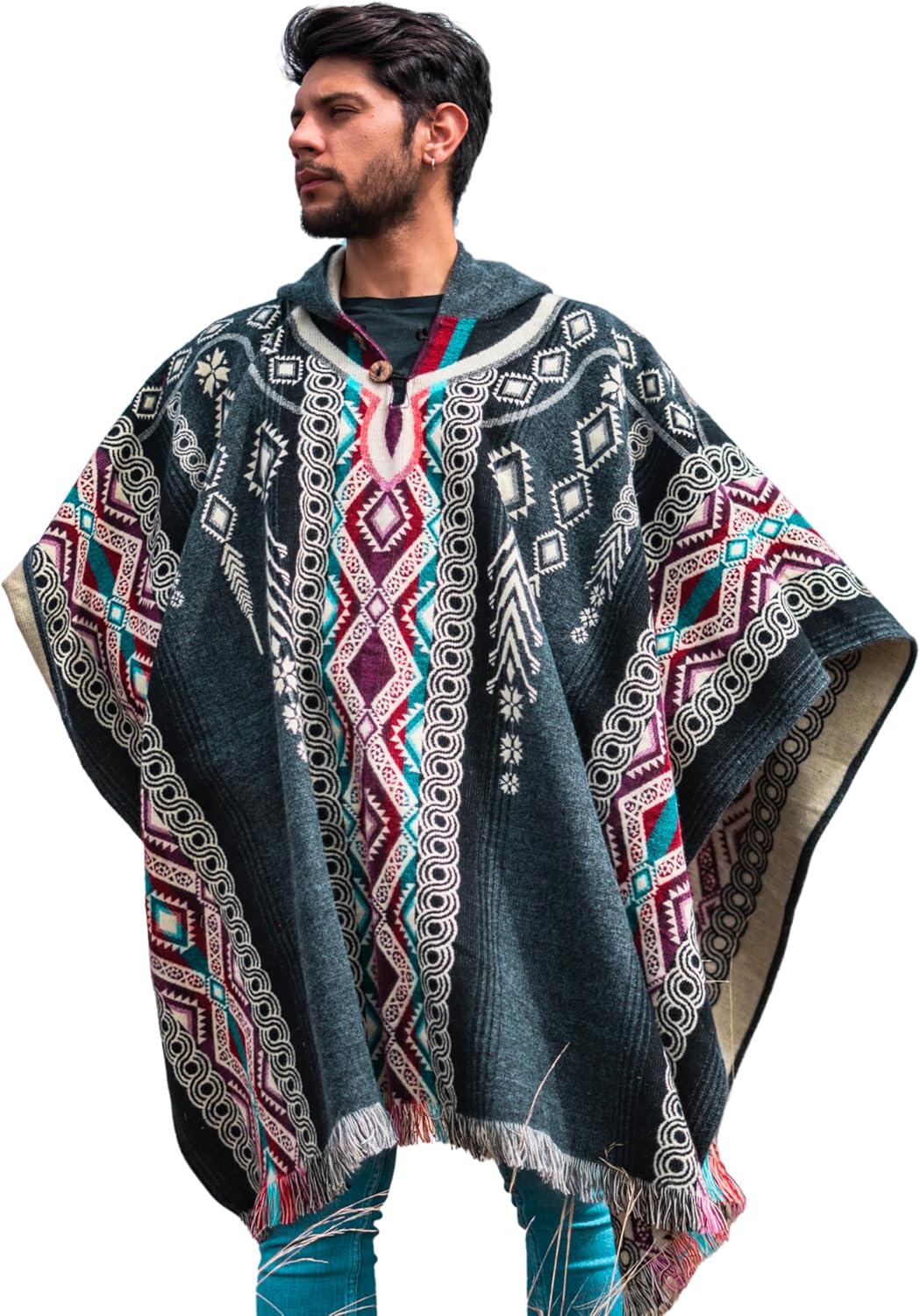 Alpaca Mens Poncho with Hood – Cowboy Serape Western Poncho - Clint Eastwood Poncho for Men - Ecuadorian Cloak with Hood Men
